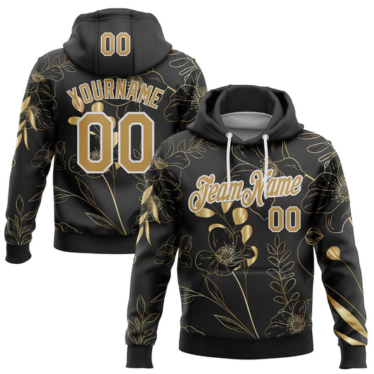 Custom Stitched Black Old Gold-White 3D Pattern Design Golden Subtle Floral Sports Pullover Sweatshirt Hoodie - Main View