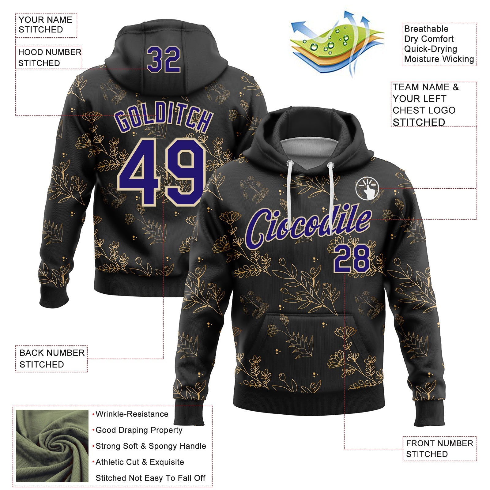 Custom Stitched Black Dark Purple-Cream 3D Pattern Design Golden Subtle Floral Sports Pullover Sweatshirt Hoodie view 2