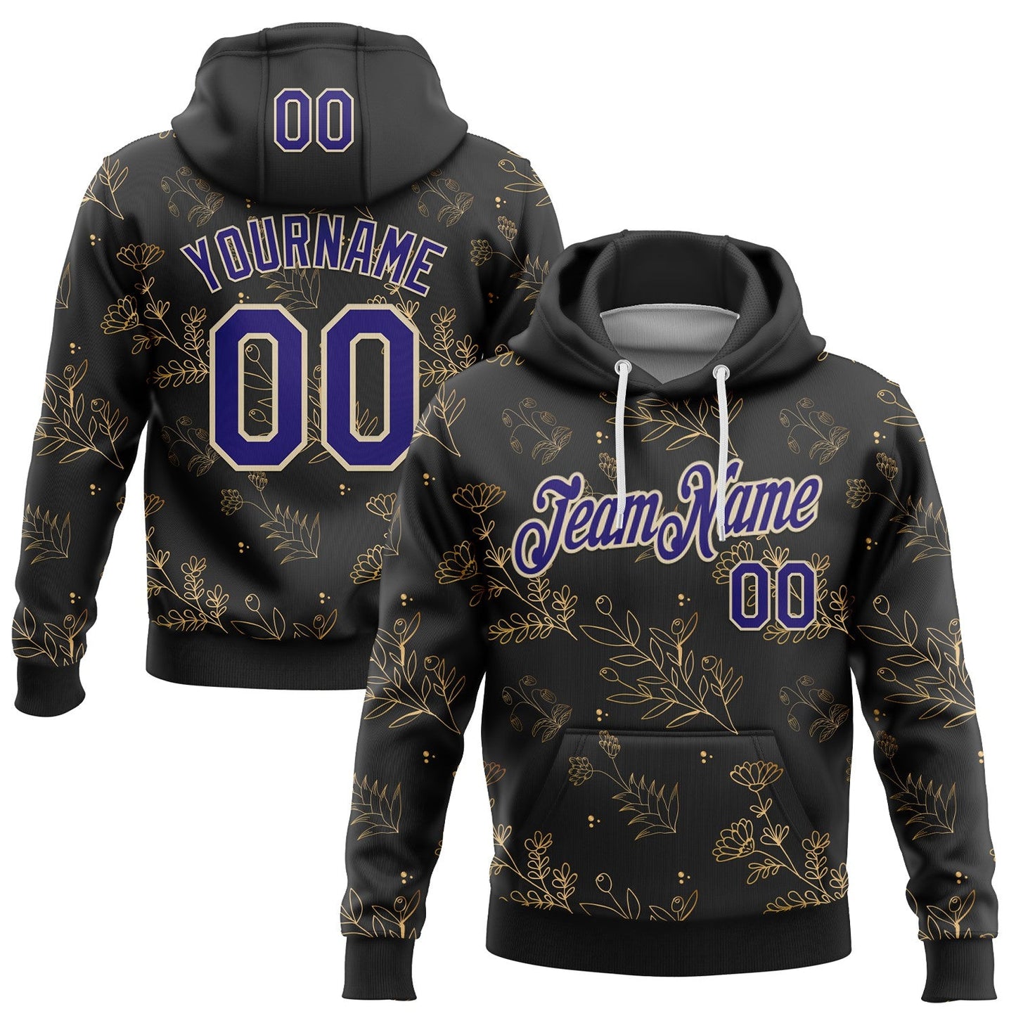 Custom Stitched Black Dark Purple-Cream 3D Pattern Design Golden Subtle Floral Sports Pullover Sweatshirt Hoodie - Main View