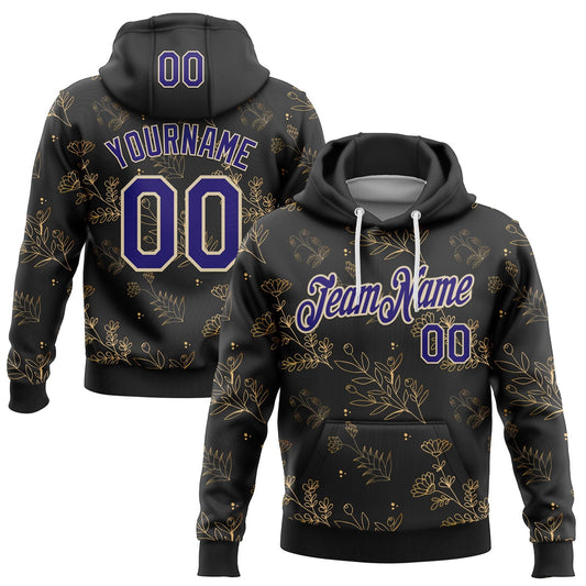 Custom Stitched Black Dark Purple-Cream 3D Pattern Design Golden Subtle Floral Sports Pullover Sweatshirt Hoodie - Main View
