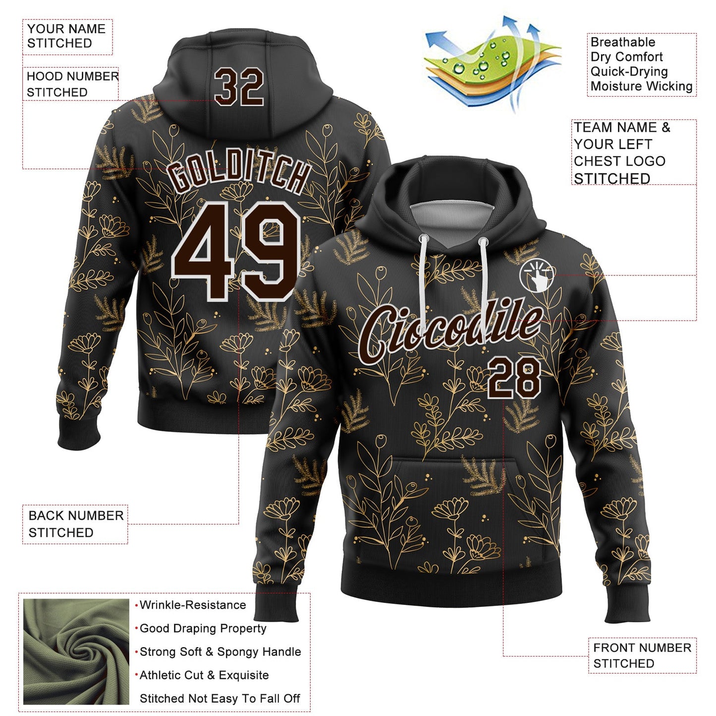 Custom Stitched Black Brown-White 3D Pattern Design Golden Subtle Floral Sports Pullover Sweatshirt Hoodie view 2