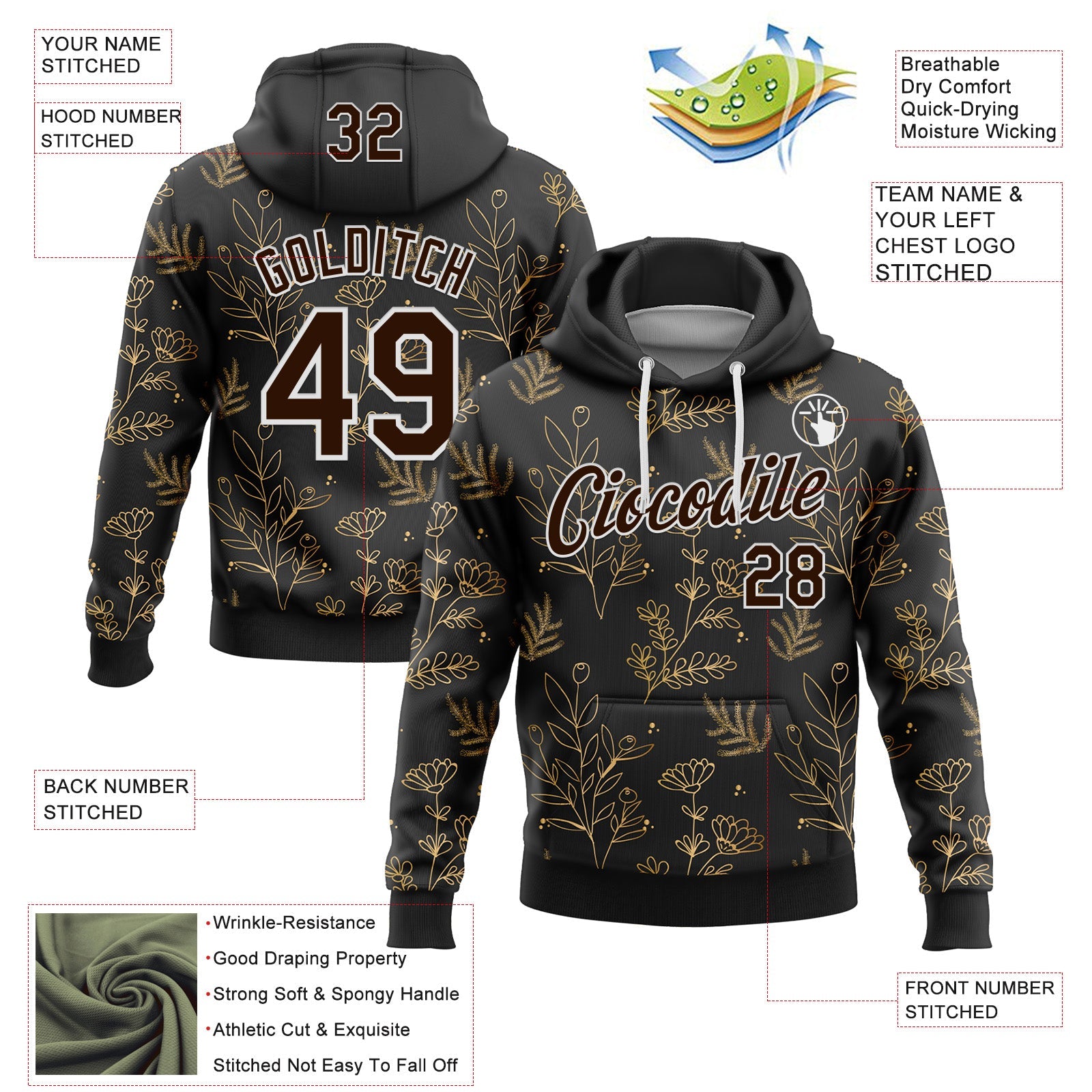 Custom Stitched Black Brown-White 3D Pattern Design Golden Subtle Floral Sports Pullover Sweatshirt Hoodie view 2
