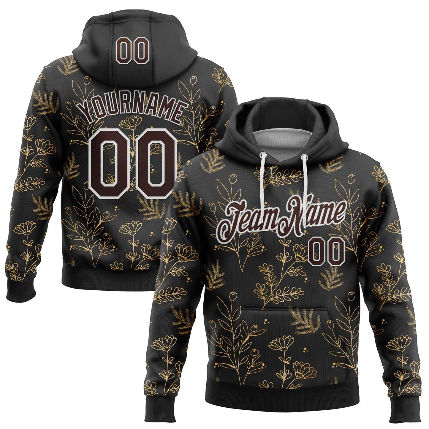 Custom Stitched Black Brown-White 3D Pattern Design Golden Subtle Floral Sports Pullover Sweatshirt Hoodie - Main View