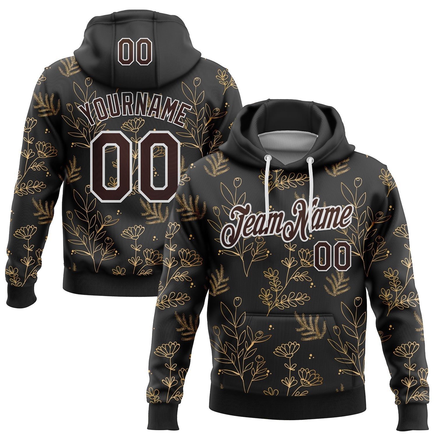 Custom Stitched Black Brown-White 3D Pattern Design Golden Subtle Floral Sports Pullover Sweatshirt Hoodie - Main View