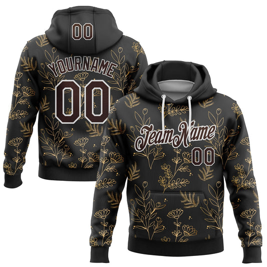 Custom Stitched Black Brown-White 3D Pattern Design Golden Subtle Floral Sports Pullover Sweatshirt Hoodie - Main View