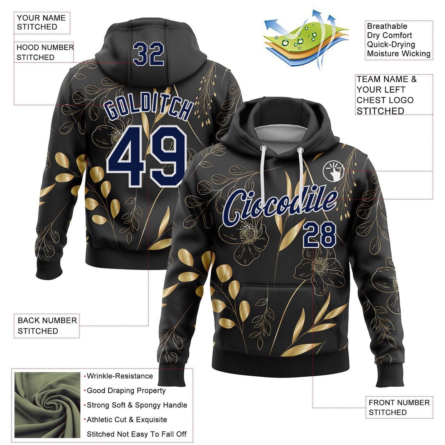Custom Stitched Black Navy-White 3D Pattern Design Golden Subtle Floral Sports Pullover Sweatshirt Hoodie view 2