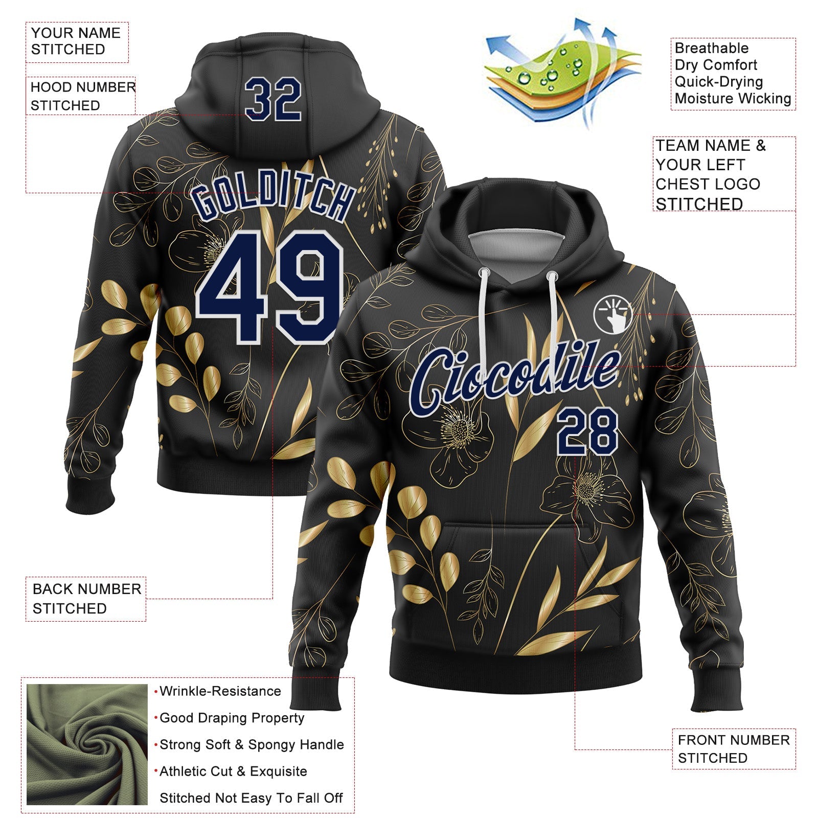 Custom Stitched Black Navy-White 3D Pattern Design Golden Subtle Floral Sports Pullover Sweatshirt Hoodie view 2