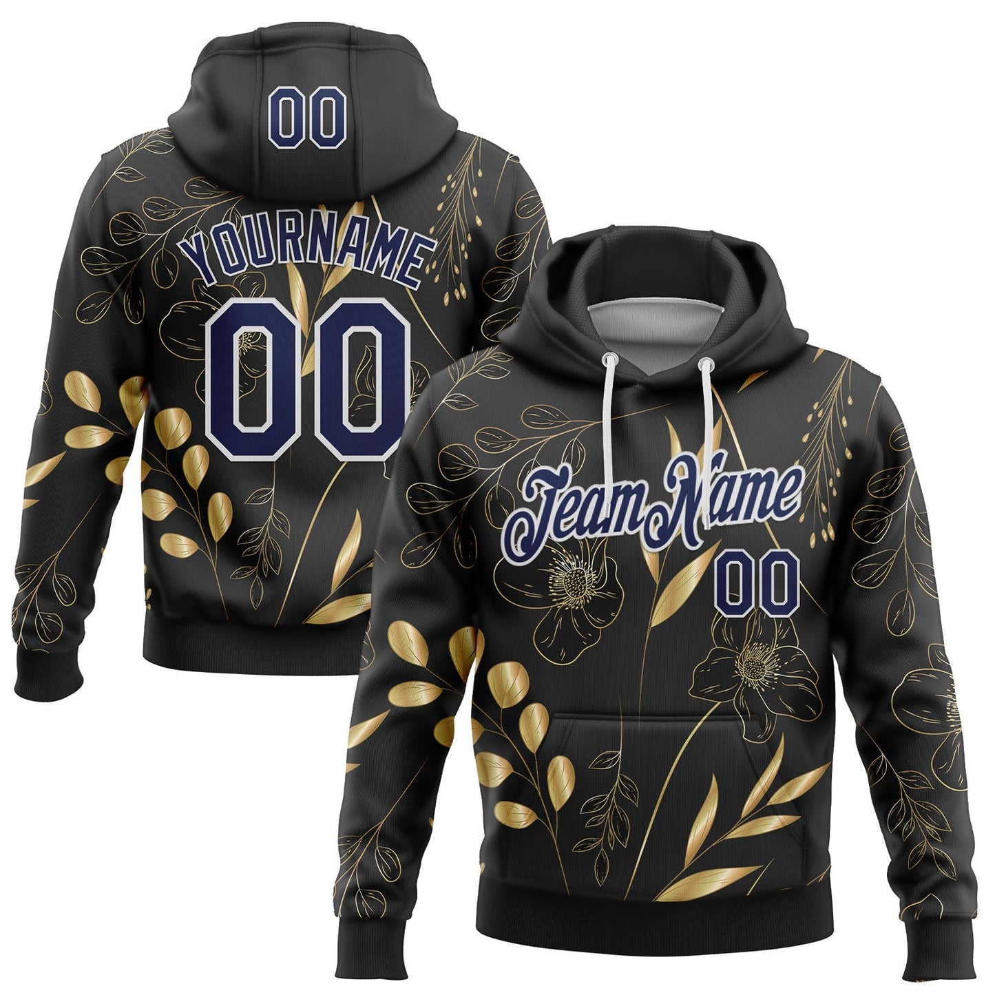 Custom Stitched Black Navy-White 3D Pattern Design Golden Subtle Floral Sports Pullover Sweatshirt Hoodie - Main View
