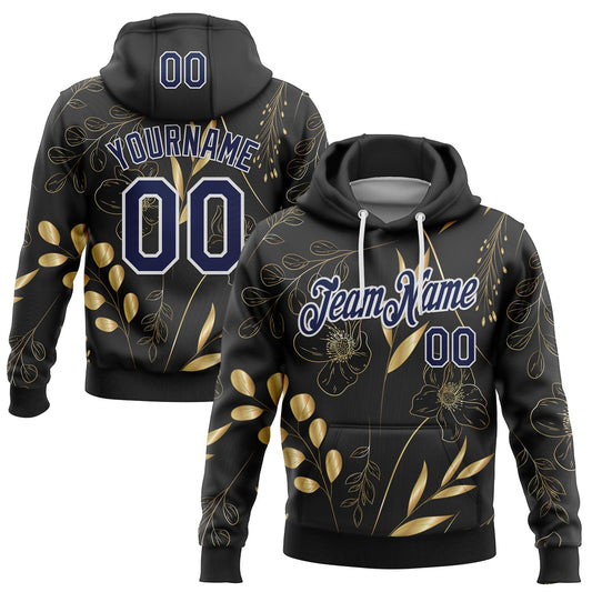 Custom Stitched Black Navy-White 3D Pattern Design Golden Subtle Floral Sports Pullover Sweatshirt Hoodie - Main View