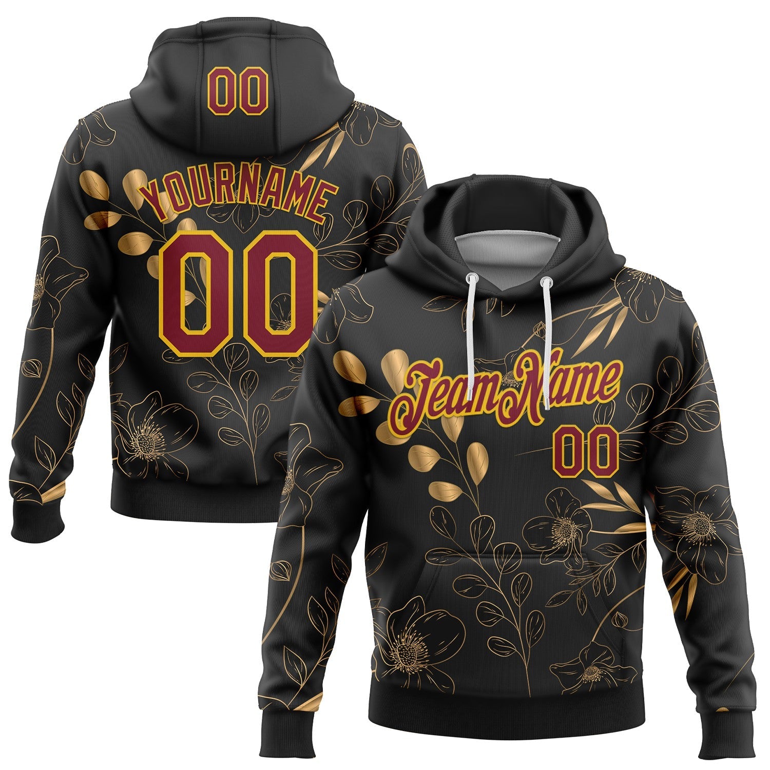 Custom Stitched Black Crimson-Yellow 3D Pattern Design Golden Subtle Floral Sports Pullover Sweatshirt Hoodie - Main View