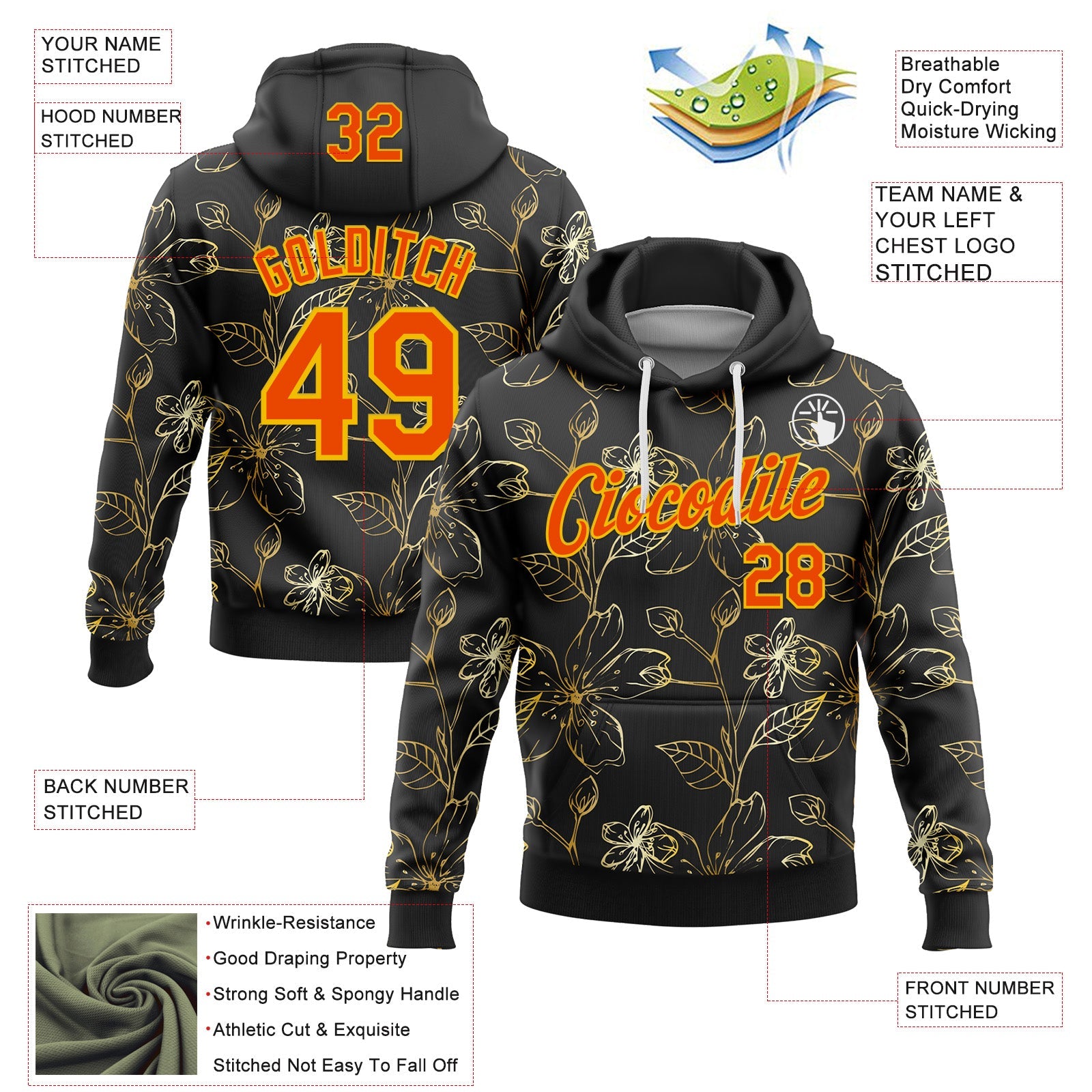 Custom Stitched Black Orange-Yellow 3D Pattern Design Golden Subtle Floral Sports Pullover Sweatshirt Hoodie view 2