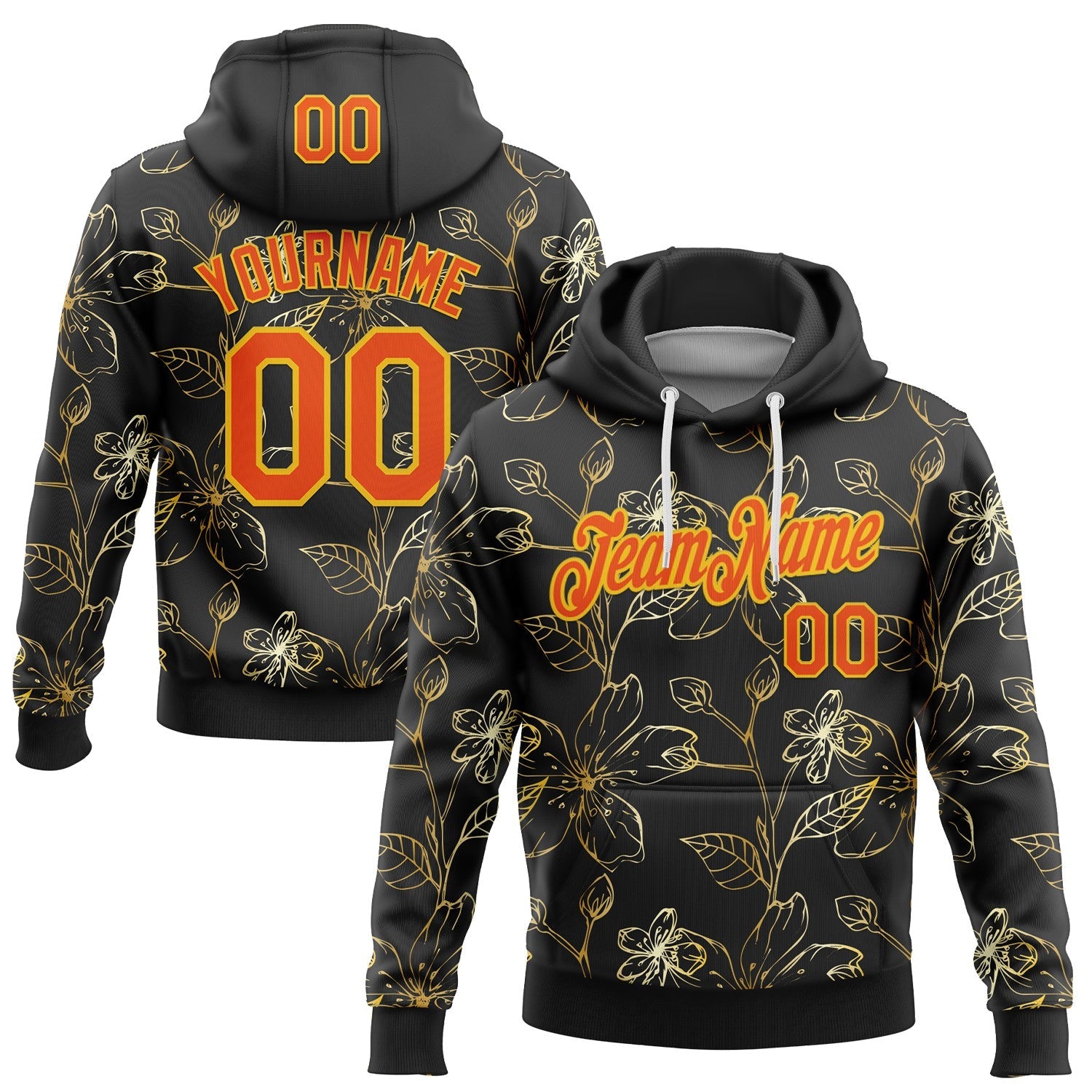 Custom Stitched Black Orange-Yellow 3D Pattern Design Golden Subtle Floral Sports Pullover Sweatshirt Hoodie - Main View