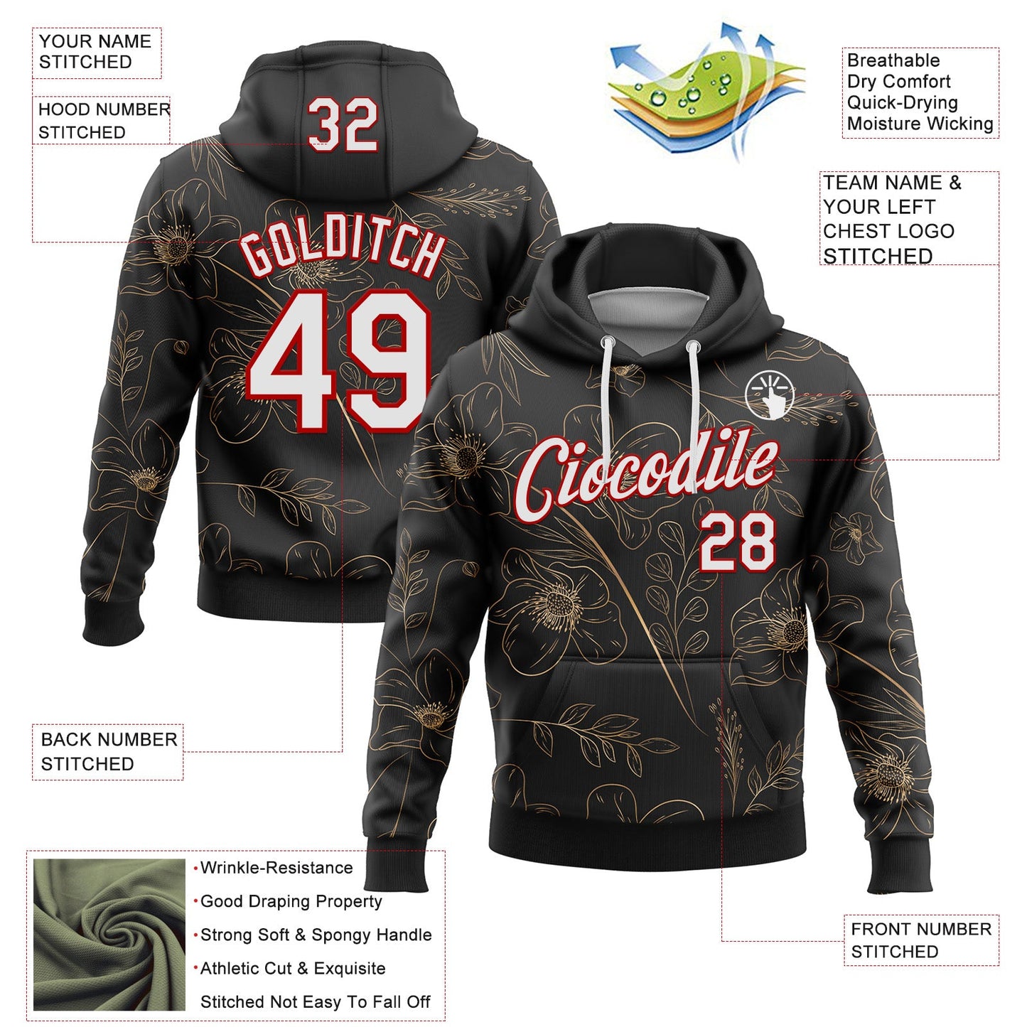 Custom Stitched Black White-Red 3D Pattern Design Golden Subtle Floral Sports Pullover Sweatshirt Hoodie view 2