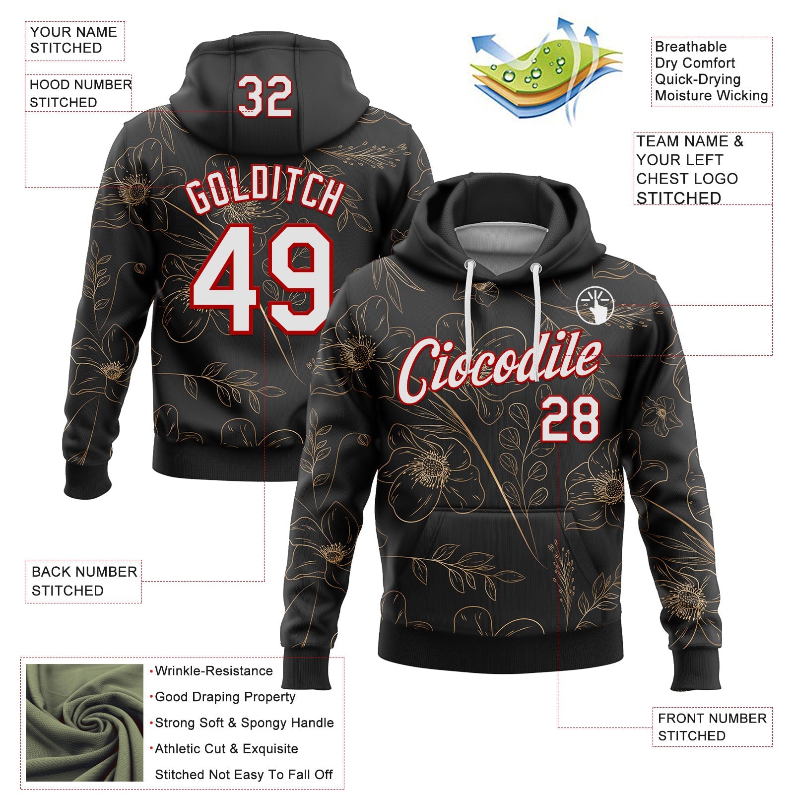 Custom Stitched Black White-Red 3D Pattern Design Golden Subtle Floral Sports Pullover Sweatshirt Hoodie view 2