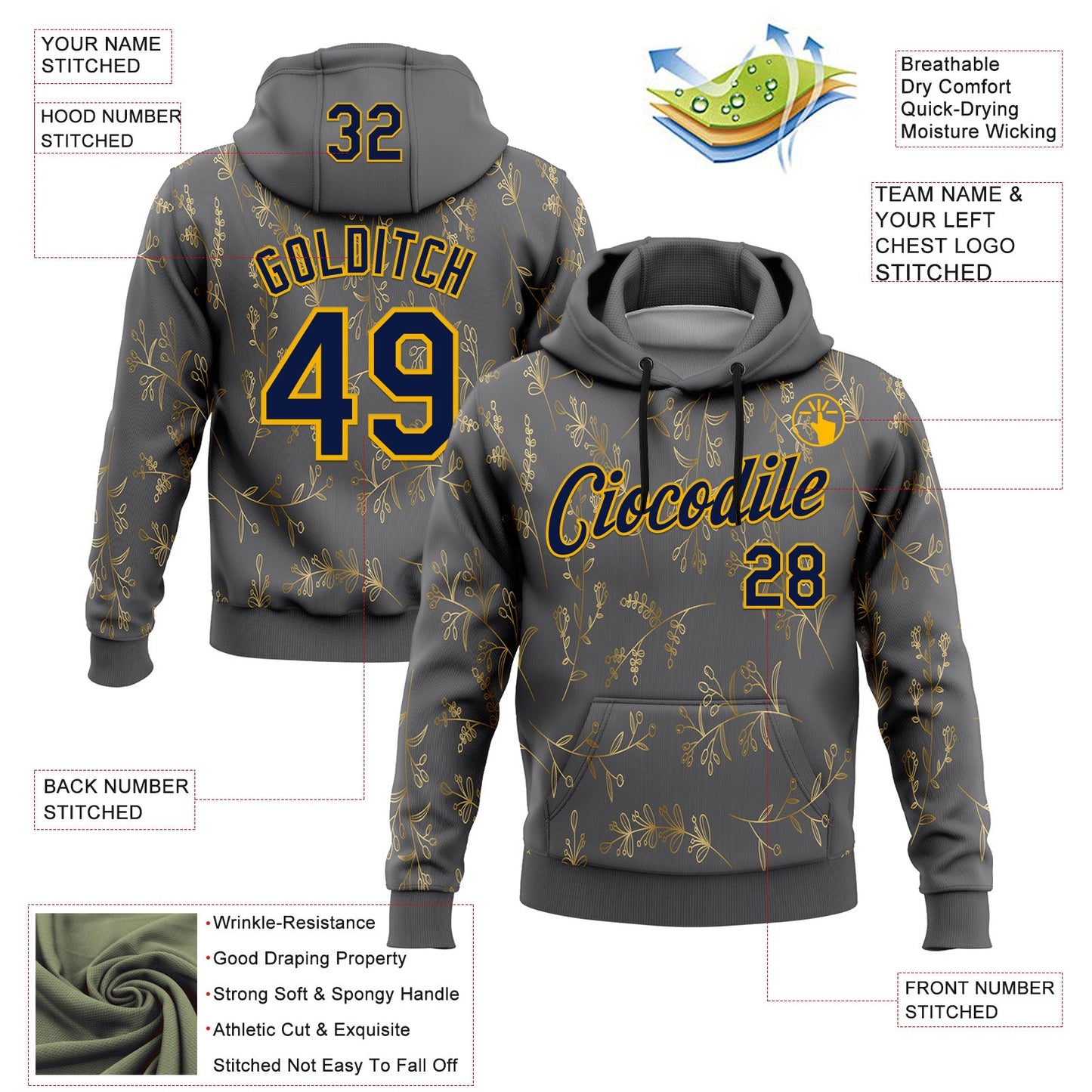 Custom Stitched Steel Gray Navy-Gold 3D Pattern Design Golden Subtle Floral Sports Pullover Sweatshirt Hoodie view 2