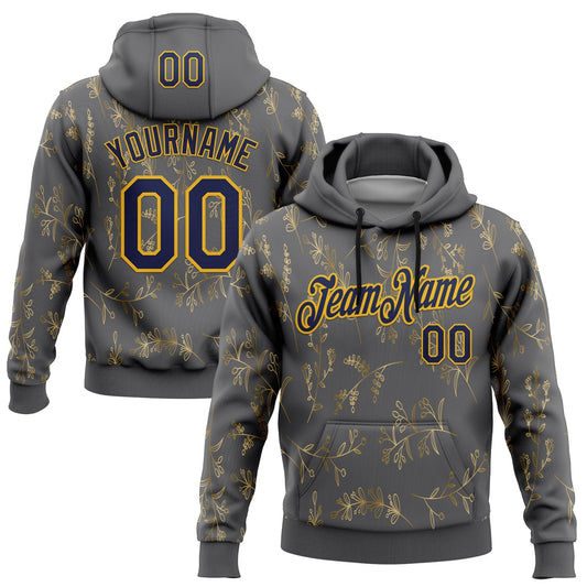 Custom Stitched Steel Gray Navy-Gold 3D Pattern Design Golden Subtle Floral Sports Pullover Sweatshirt Hoodie - Main View