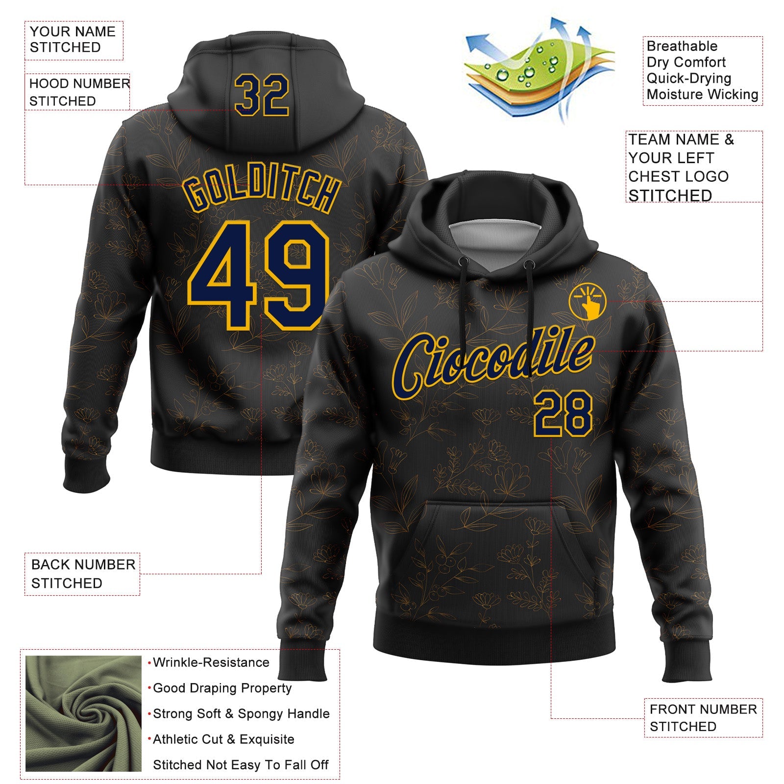 Custom Stitched Black Navy-Gold 3D Pattern Design Golden Subtle Floral Sports Pullover Sweatshirt Hoodie view 2