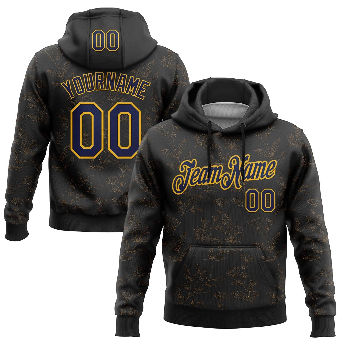 Custom Stitched Black Navy-Gold 3D Pattern Design Golden Subtle Floral Sports Pullover Sweatshirt Hoodie - Main View