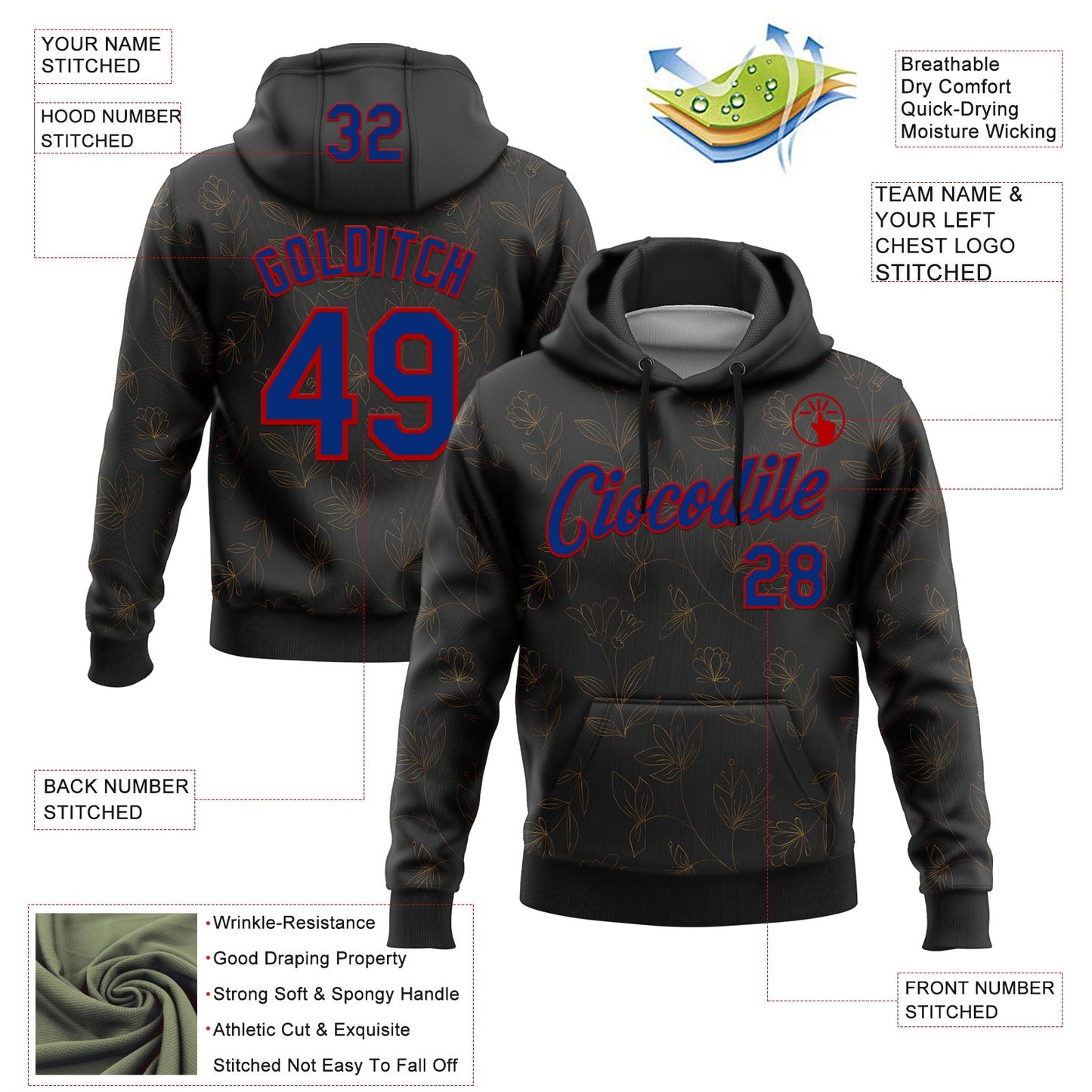 Custom Stitched Black Royal-Red 3D Pattern Design Golden Subtle Floral Sports Pullover Sweatshirt Hoodie view 2