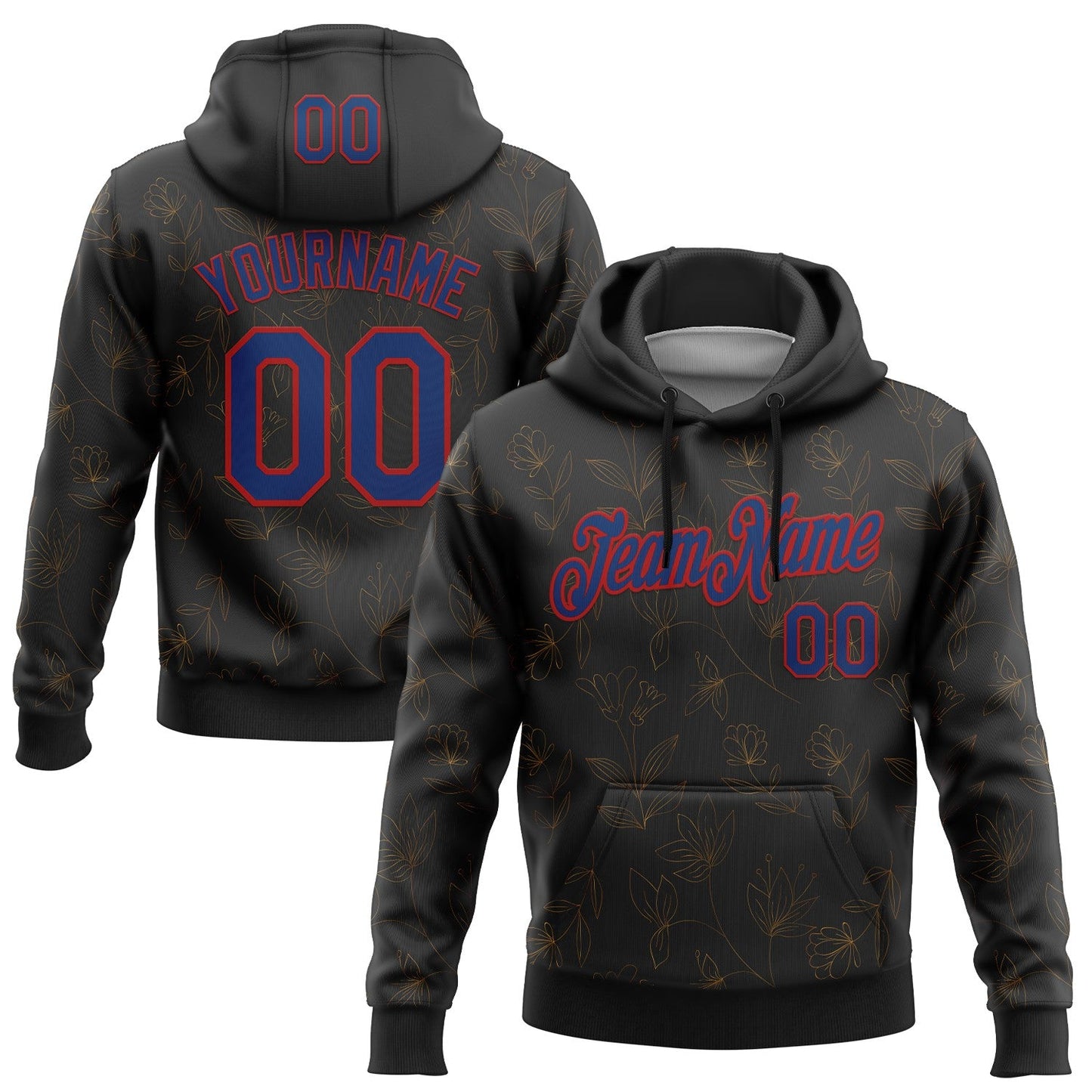 Custom Stitched Black Royal-Red 3D Pattern Design Golden Subtle Floral Sports Pullover Sweatshirt Hoodie - Main View