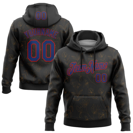 Custom Stitched Black Royal-Red 3D Pattern Design Golden Subtle Floral Sports Pullover Sweatshirt Hoodie - Main View
