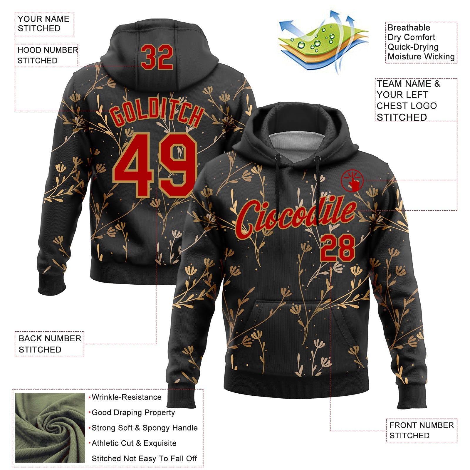 Custom Stitched Black Red-Old Gold 3D Pattern Design Golden Subtle Floral Sports Pullover Sweatshirt Hoodie view 2