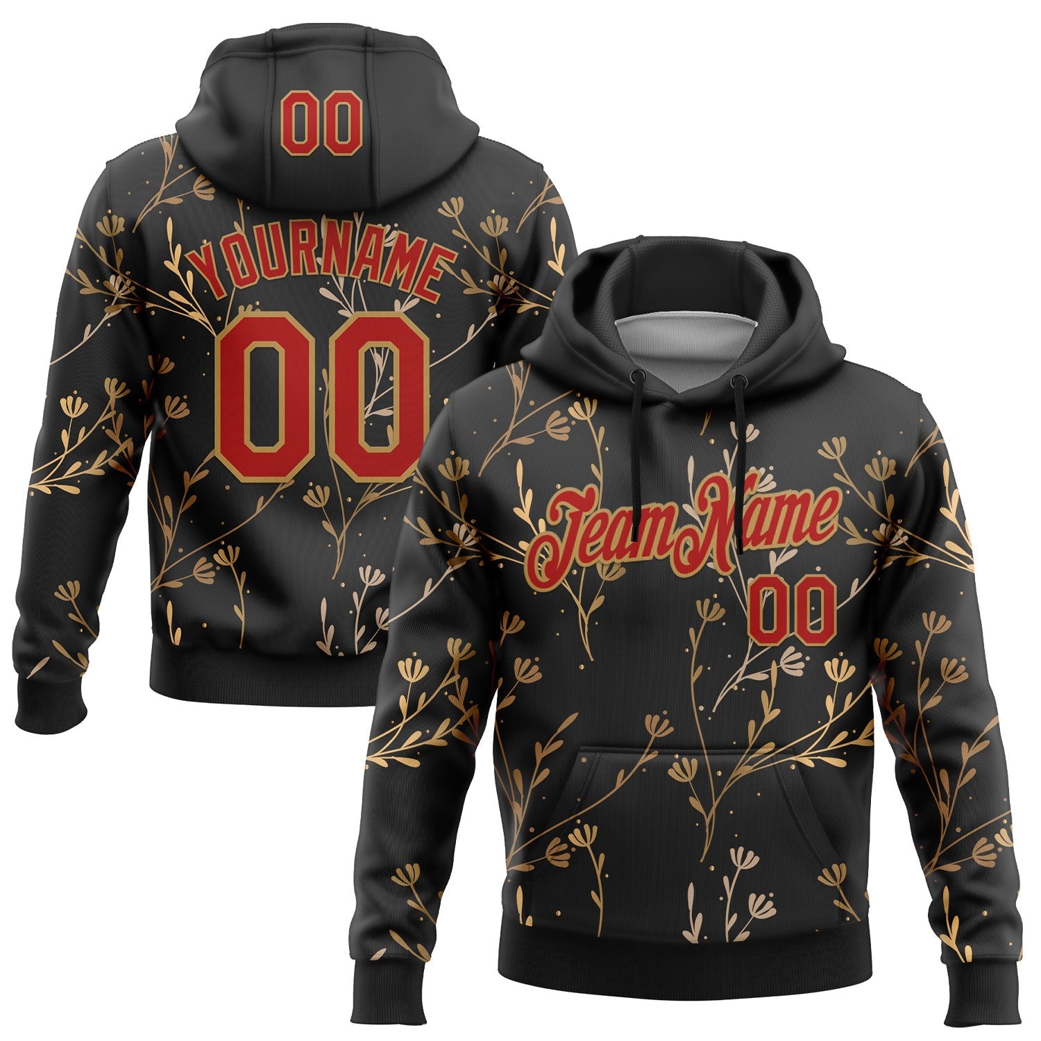 Custom Stitched Black Red-Old Gold 3D Pattern Design Golden Subtle Floral Sports Pullover Sweatshirt Hoodie - Main View