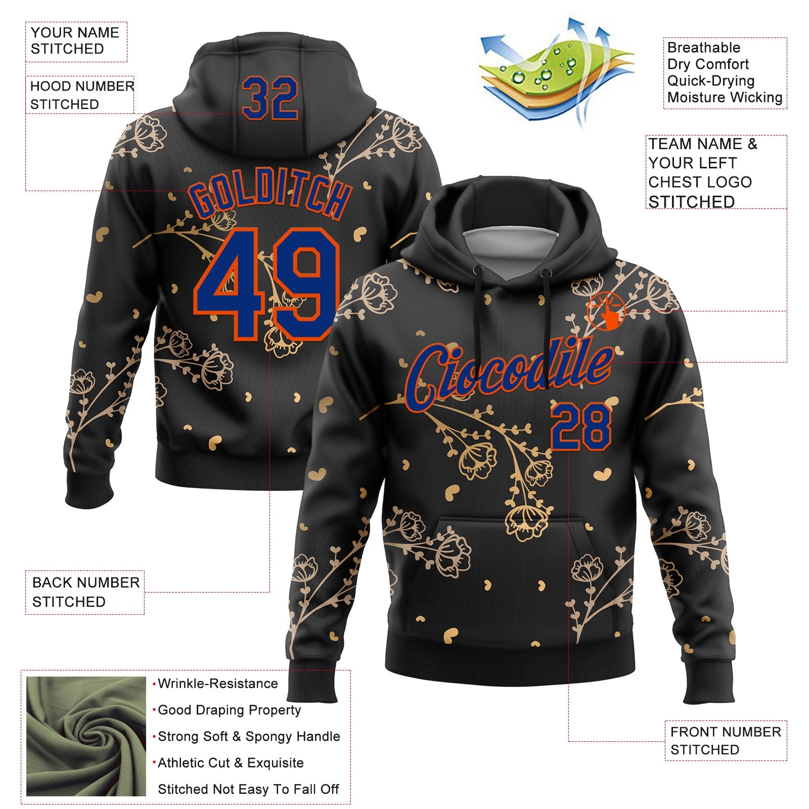 Custom Stitched Black Royal-Orange 3D Pattern Design Golden Subtle Floral Sports Pullover Sweatshirt Hoodie view 2