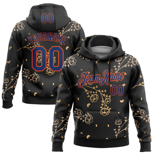 Custom Stitched Black Royal-Orange 3D Pattern Design Golden Subtle Floral Sports Pullover Sweatshirt Hoodie - Main View