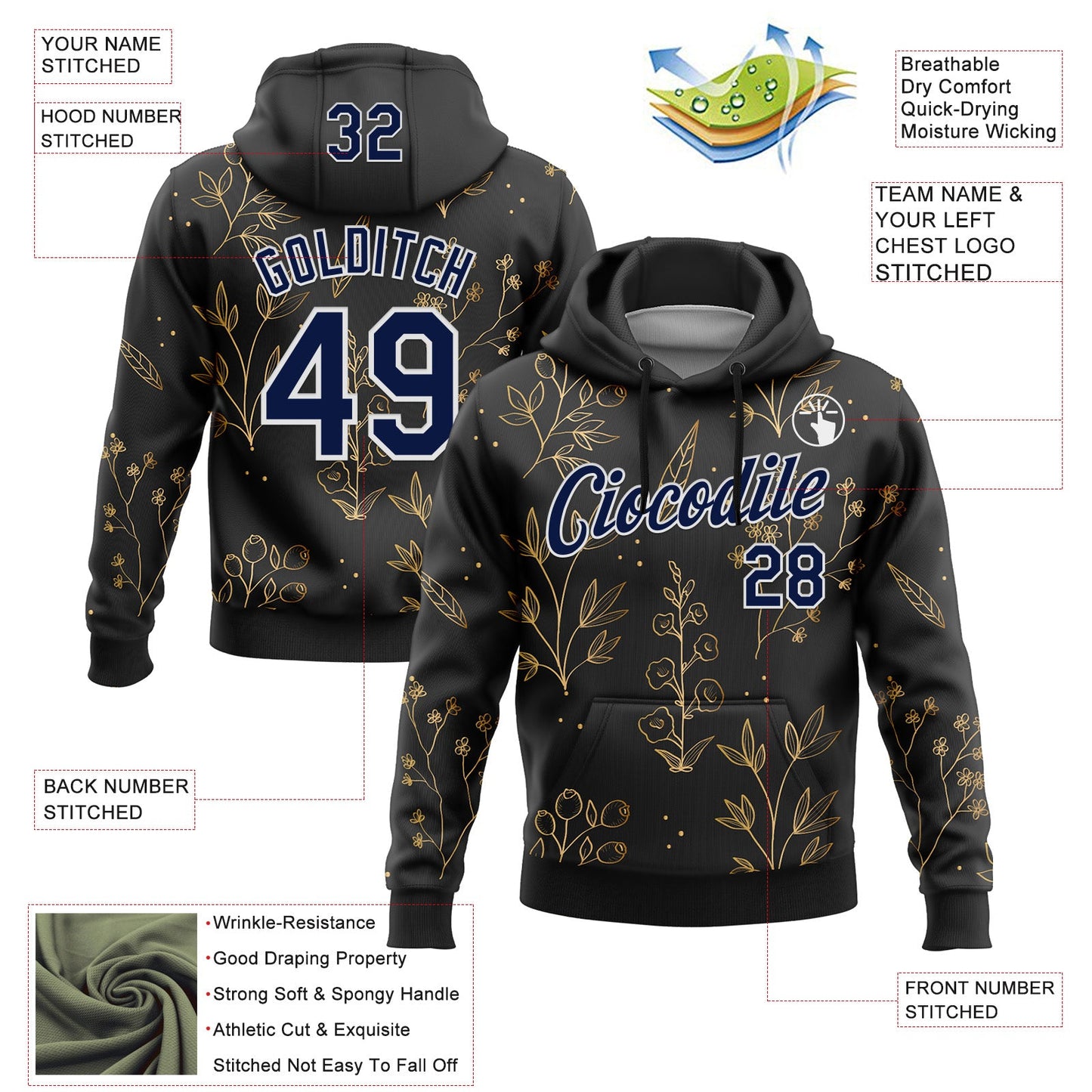 Custom Stitched Black Navy-White 3D Pattern Design Golden Subtle Floral Sports Pullover Sweatshirt Hoodie view 2
