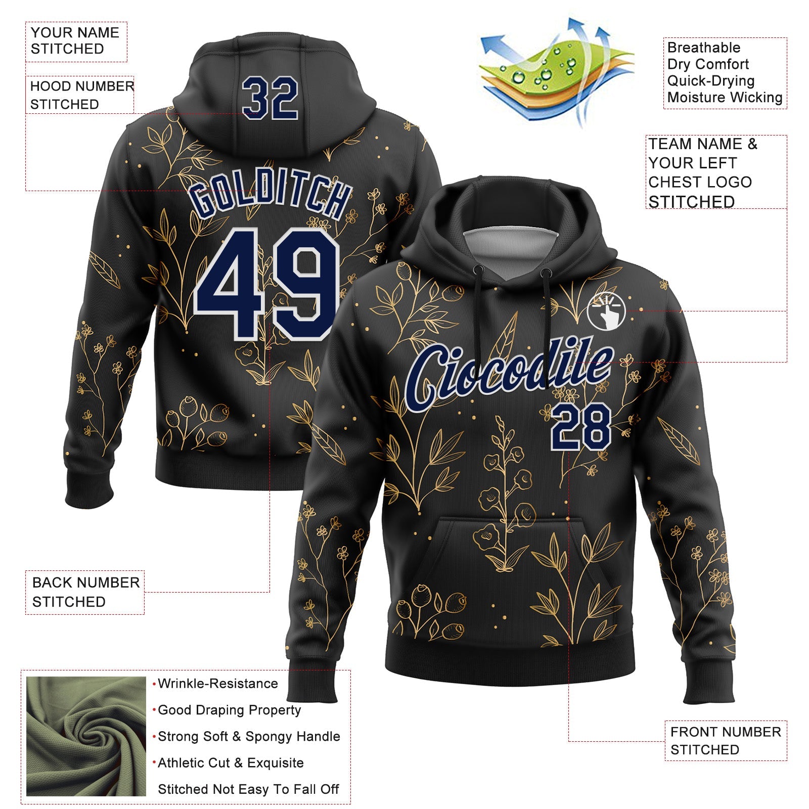 Custom Stitched Black Navy-White 3D Pattern Design Golden Subtle Floral Sports Pullover Sweatshirt Hoodie view 2