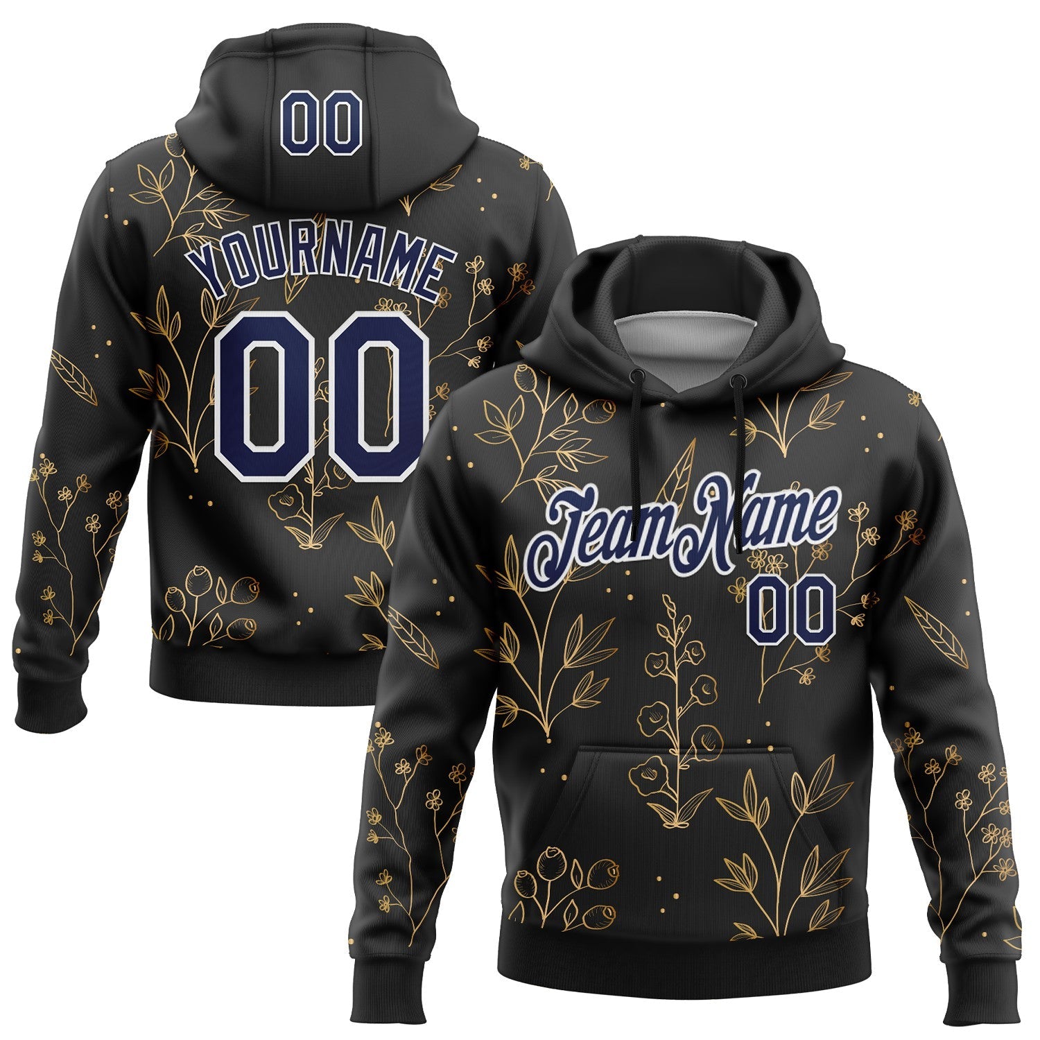 Custom Stitched Black Navy-White 3D Pattern Design Golden Subtle Floral Sports Pullover Sweatshirt Hoodie - Main View