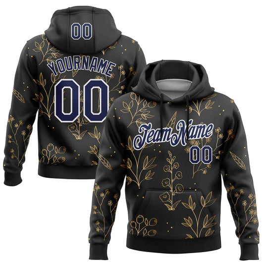 Custom Stitched Black Navy-White 3D Pattern Design Golden Subtle Floral Sports Pullover Sweatshirt Hoodie - Main View