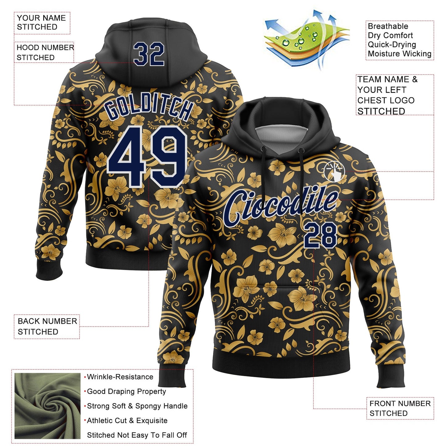 Custom Stitched Black Navy-White 3D Pattern Design Golden Subtle Floral Sports Pullover Sweatshirt Hoodie view 2