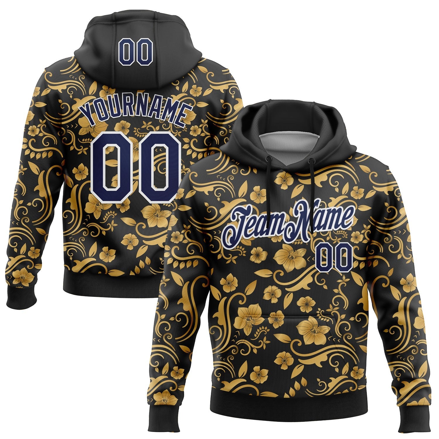 Custom Stitched Black Navy-White 3D Pattern Design Golden Subtle Floral Sports Pullover Sweatshirt Hoodie - Main View