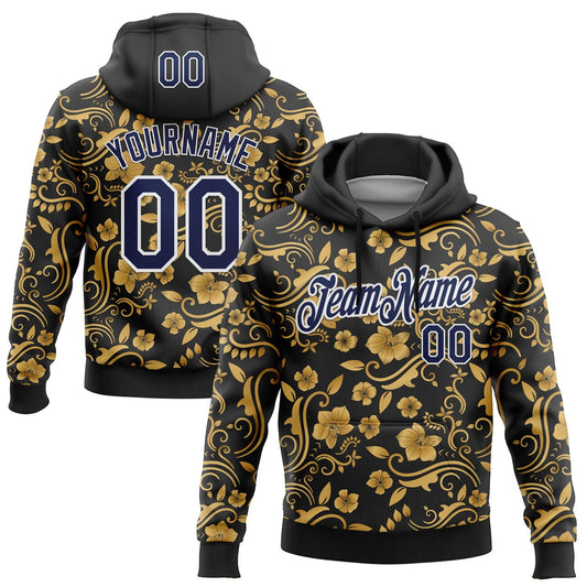 Custom Stitched Black Navy-White 3D Pattern Design Golden Subtle Floral Sports Pullover Sweatshirt Hoodie - Main View