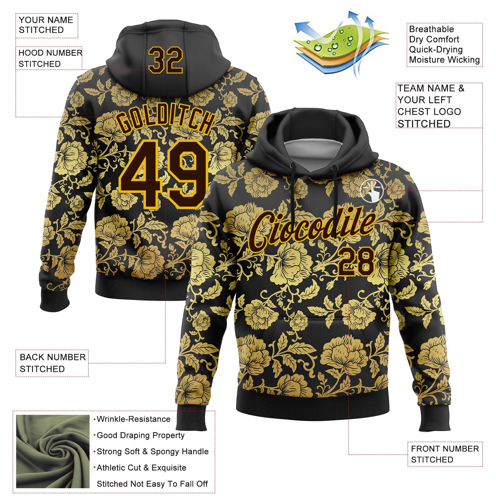 Custom Stitched Black Brown-Yellow 3D Pattern Design Golden Subtle Floral Sports Pullover Sweatshirt Hoodie view 2