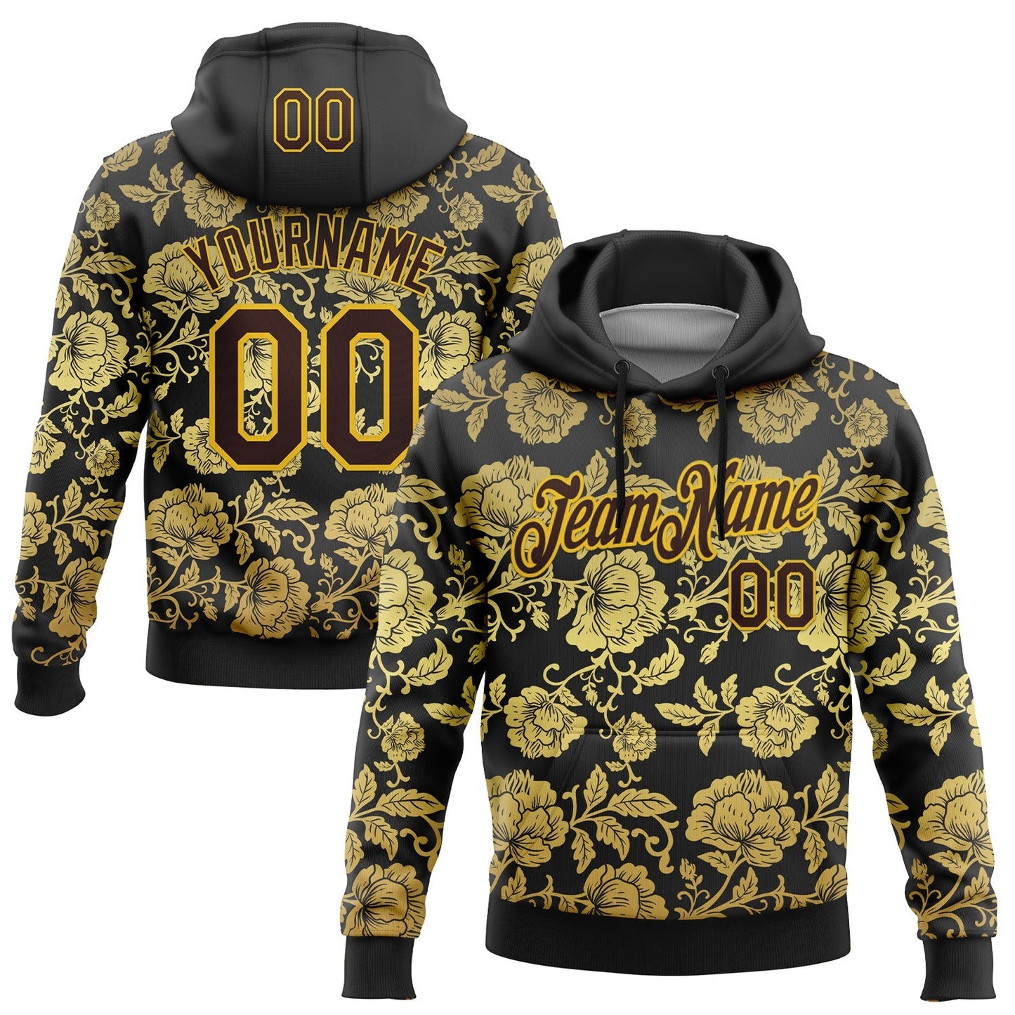 Custom Stitched Black Brown-Yellow 3D Pattern Design Golden Subtle Floral Sports Pullover Sweatshirt Hoodie - Main View