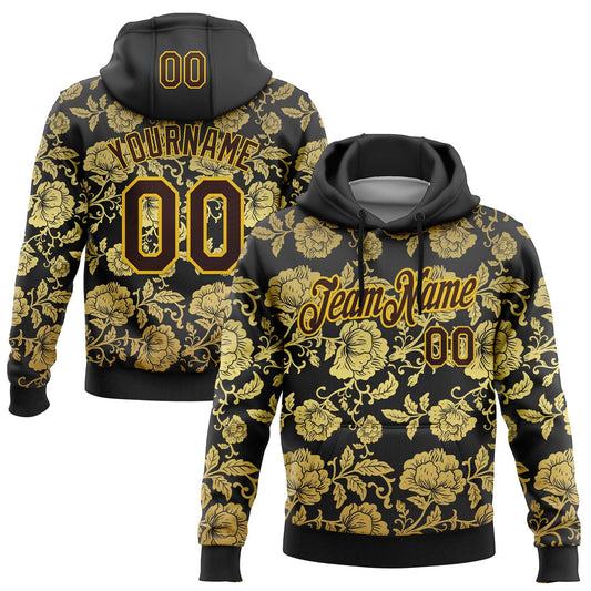 Custom Stitched Black Brown-Yellow 3D Pattern Design Golden Subtle Floral Sports Pullover Sweatshirt Hoodie - Main View