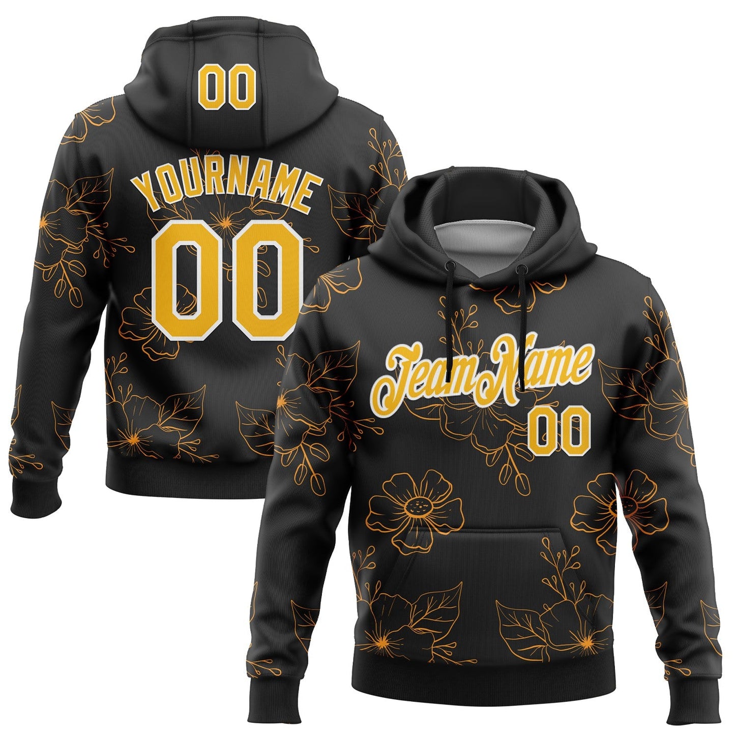 Custom Stitched Black Gold-White 3D Pattern Design Golden Subtle Floral Sports Pullover Sweatshirt Hoodie - Main View