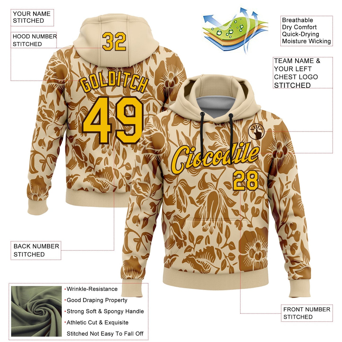 Custom Stitched City Cream Yellow-Brown 3D Pattern Design Golden Subtle Floral Sports Pullover Sweatshirt Hoodie view 2