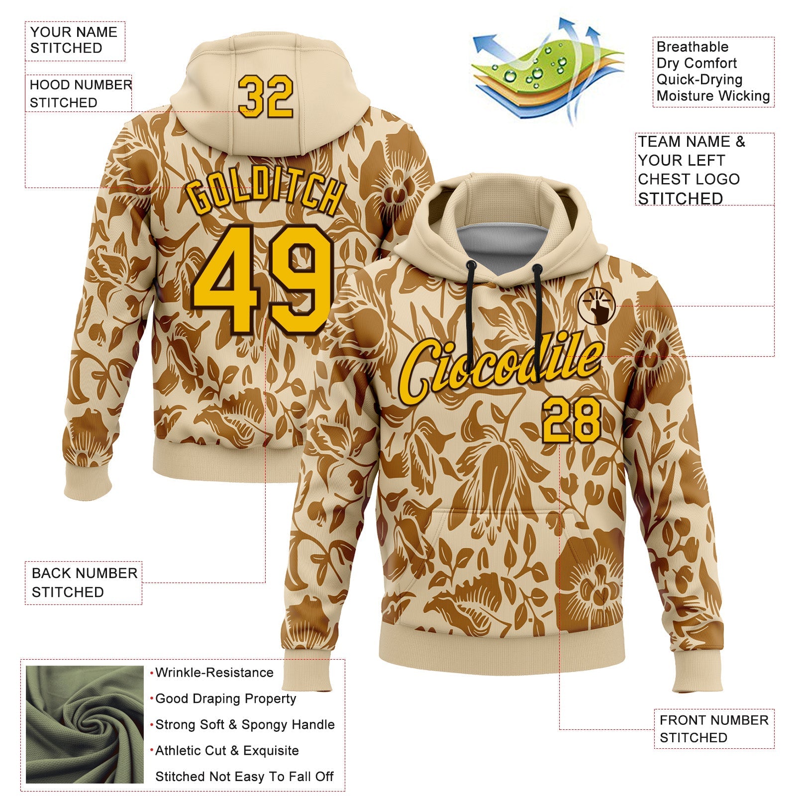 Custom Stitched City Cream Yellow-Brown 3D Pattern Design Golden Subtle Floral Sports Pullover Sweatshirt Hoodie view 2