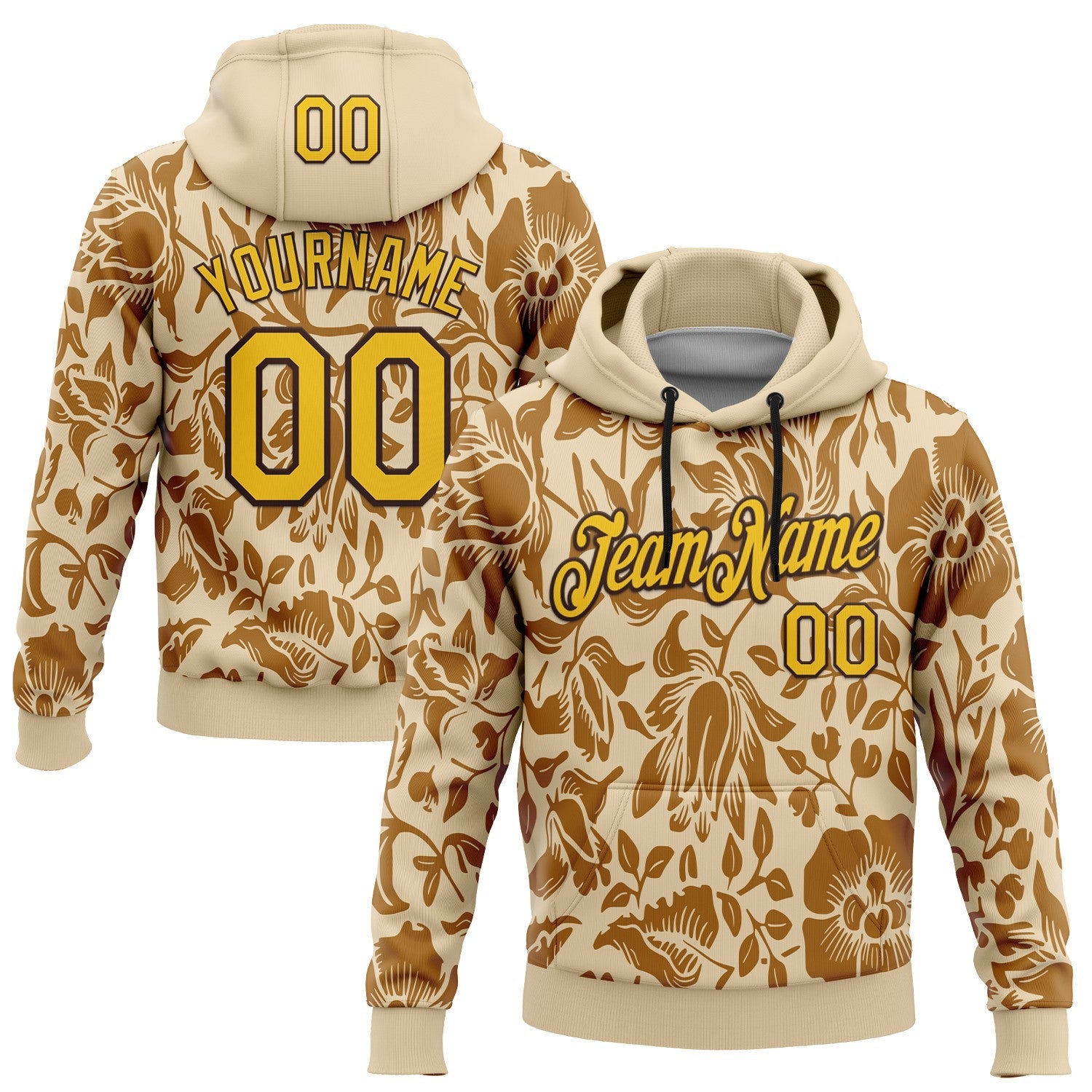 Custom Stitched City Cream Yellow-Brown 3D Pattern Design Golden Subtle Floral Sports Pullover Sweatshirt Hoodie - Main View