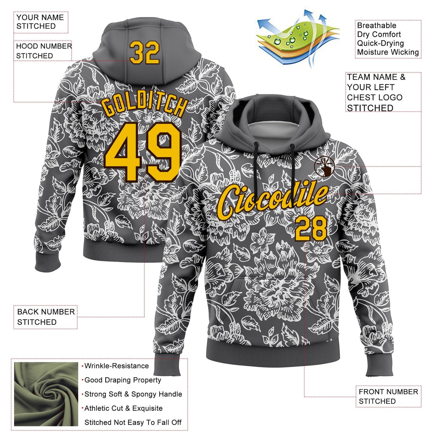 Custom Stitched Steel Gray Yellow-Brown 3D Pattern Design Subtle Floral Sports Pullover Sweatshirt Hoodie view 2