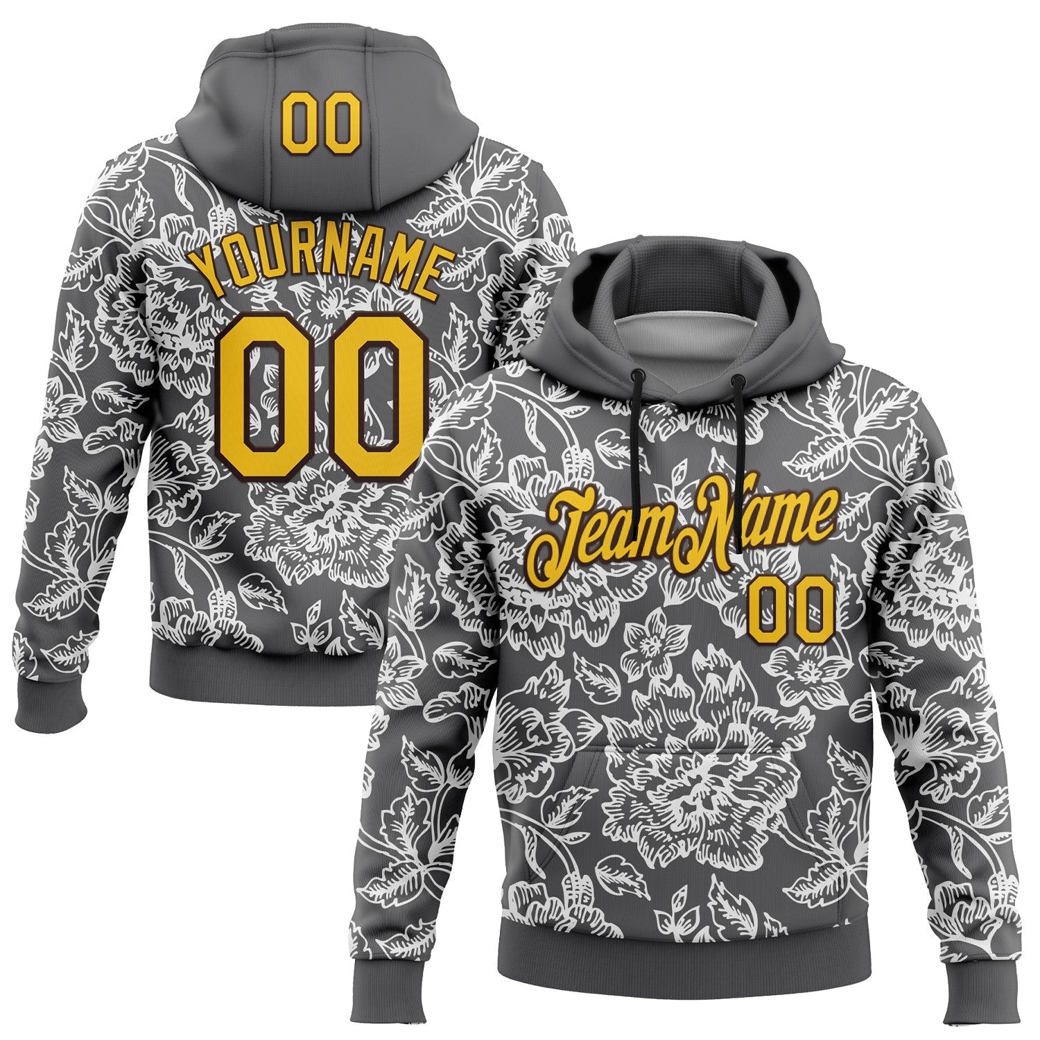 Custom Stitched Steel Gray Yellow-Brown 3D Pattern Design Subtle Floral Sports Pullover Sweatshirt Hoodie - Main View
