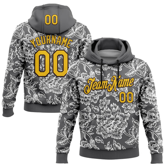 Custom Stitched Steel Gray Yellow-Brown 3D Pattern Design Subtle Floral Sports Pullover Sweatshirt Hoodie - Main View