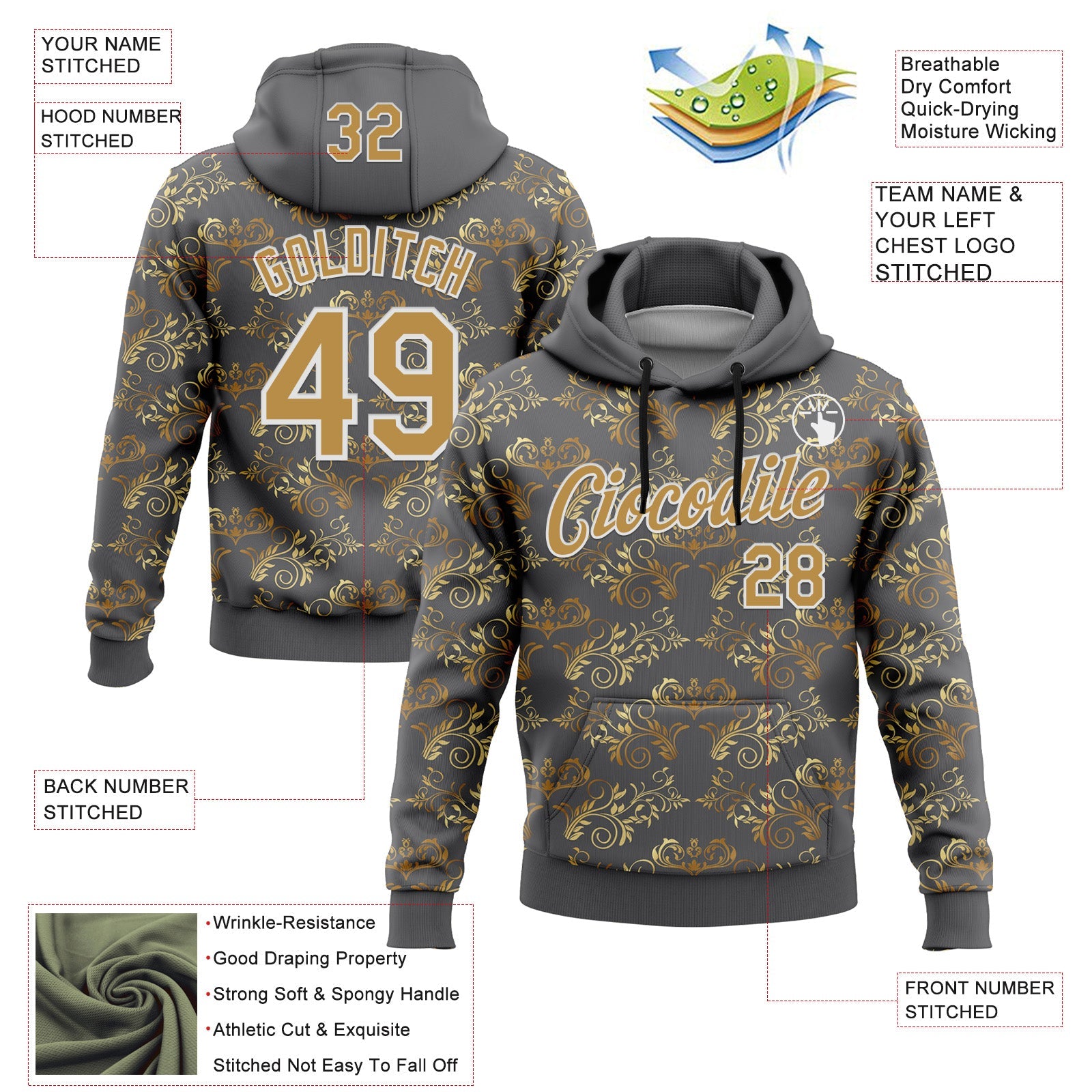 Custom Stitched Steel Gray Old Gold-White 3D Pattern Design Golden Subtle Floral Sports Pullover Sweatshirt Hoodie view 2