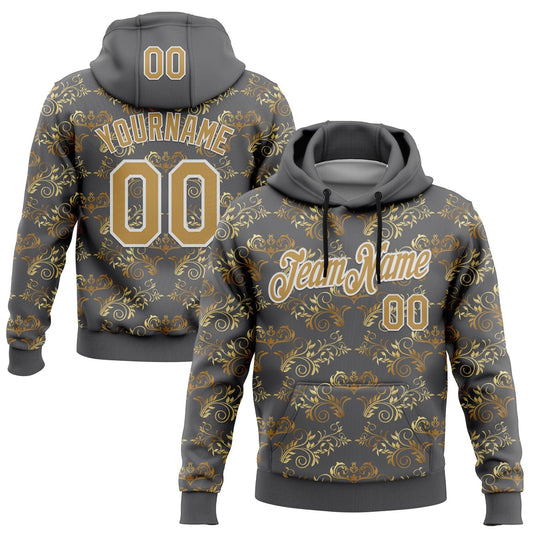 Custom Stitched Steel Gray Old Gold-White 3D Pattern Design Golden Subtle Floral Sports Pullover Sweatshirt Hoodie - Main View