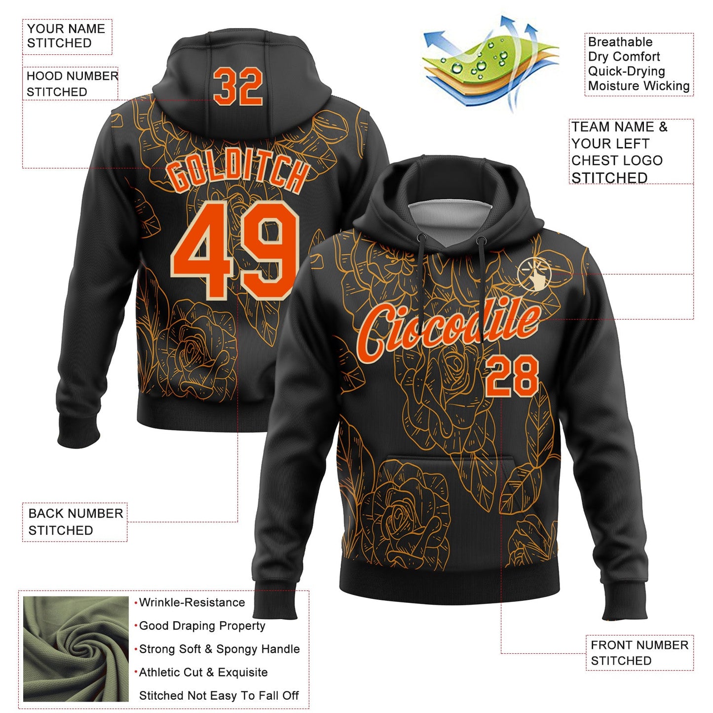 Custom Stitched Black Orange-Cream 3D Pattern Design Golden Subtle Floral Sports Pullover Sweatshirt Hoodie view 2