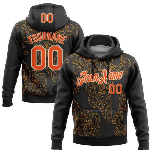 Custom Stitched Black Orange-Cream 3D Pattern Design Golden Subtle Floral Sports Pullover Sweatshirt Hoodie - Main View